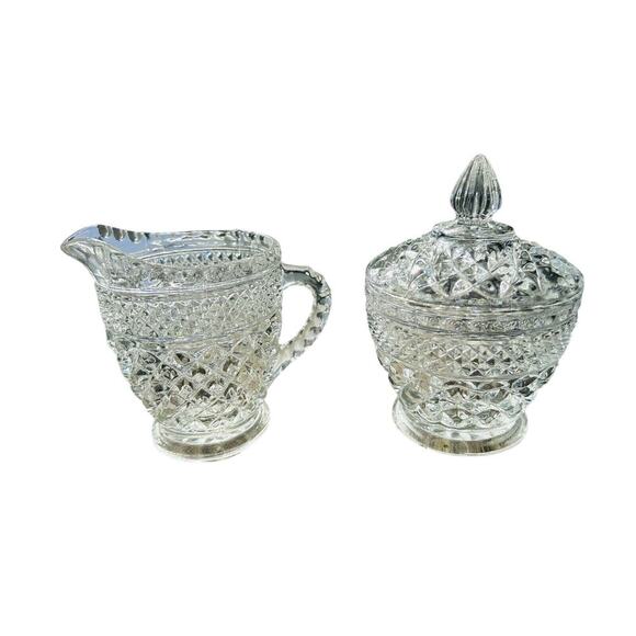 Anchor Hocking Wexford Crystal Clear Cut Glass Cream & Sugar Set Vintage - Picture 2 of 16